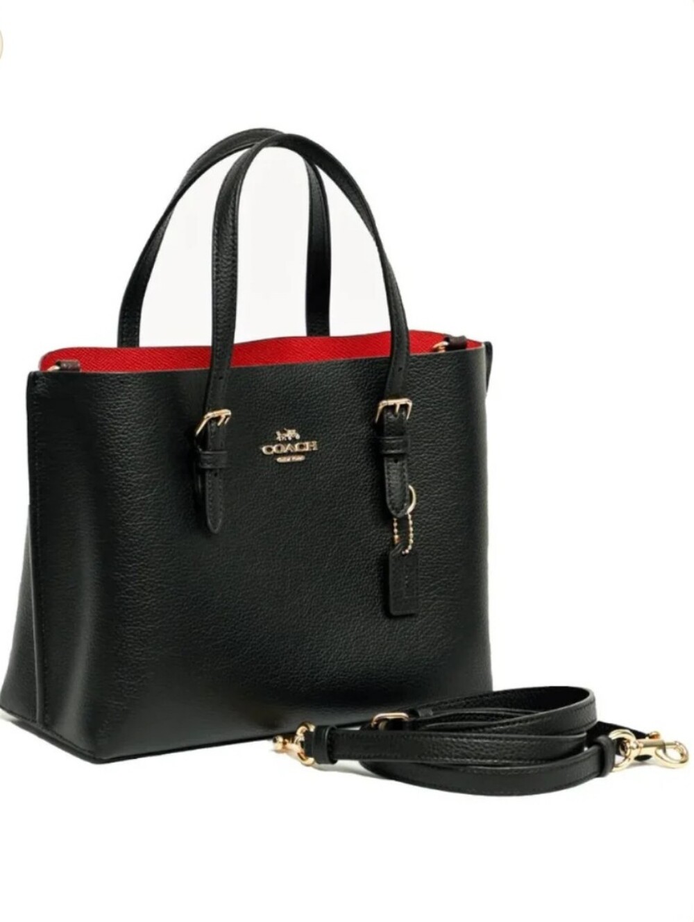 Coach Mollie Black Pebbled Leather Tote with Gold Hardware.